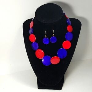 Gold tone Red & Blue Discs Beaded Statement Necklace, Matching Earrings - Women